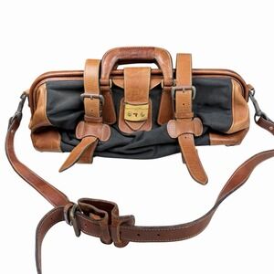 Vintage USA Holland Black Canvas / Brown Leather Gladstone, Doctor Bag w Strap